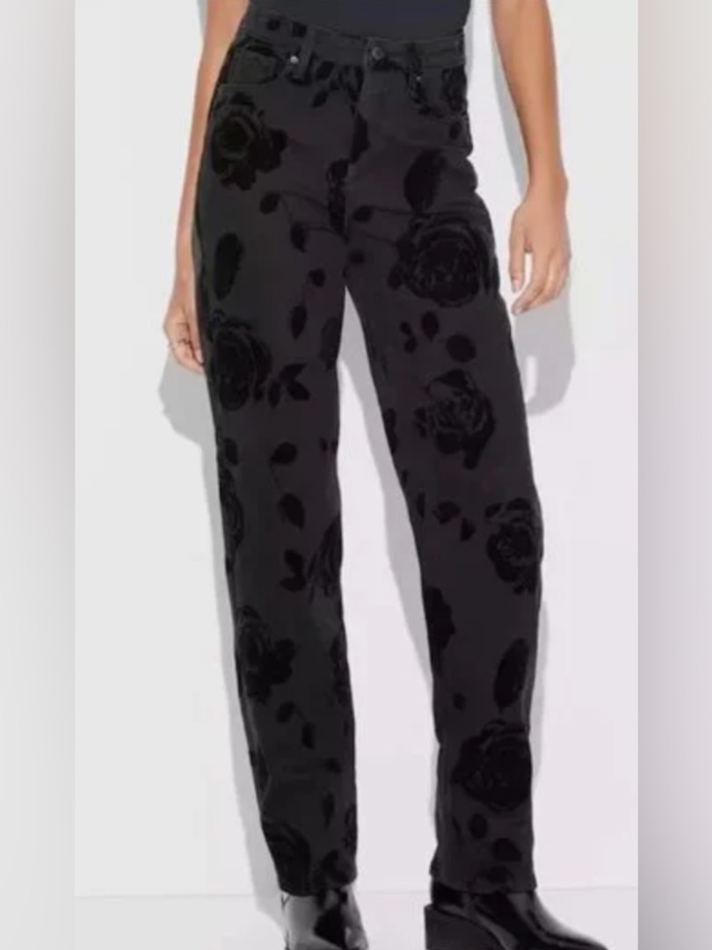 wild fable Black Jeans with Floral Velvet Accents Straight-Leg Pants
